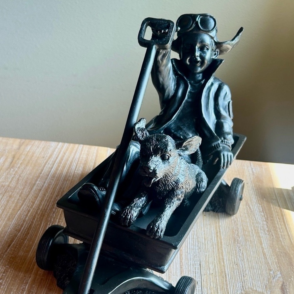 Large Vintage Boy & Dog in Wagon Yard Garden Patio Porch Home Decor